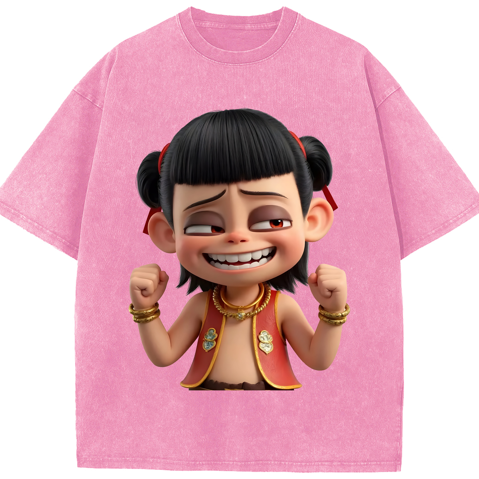 （画像用） Ne Zha 2 ナタ 魔童の大暴れ 綿100% ヴィンテージ風 半袖Tシャツ（フロントプリント）